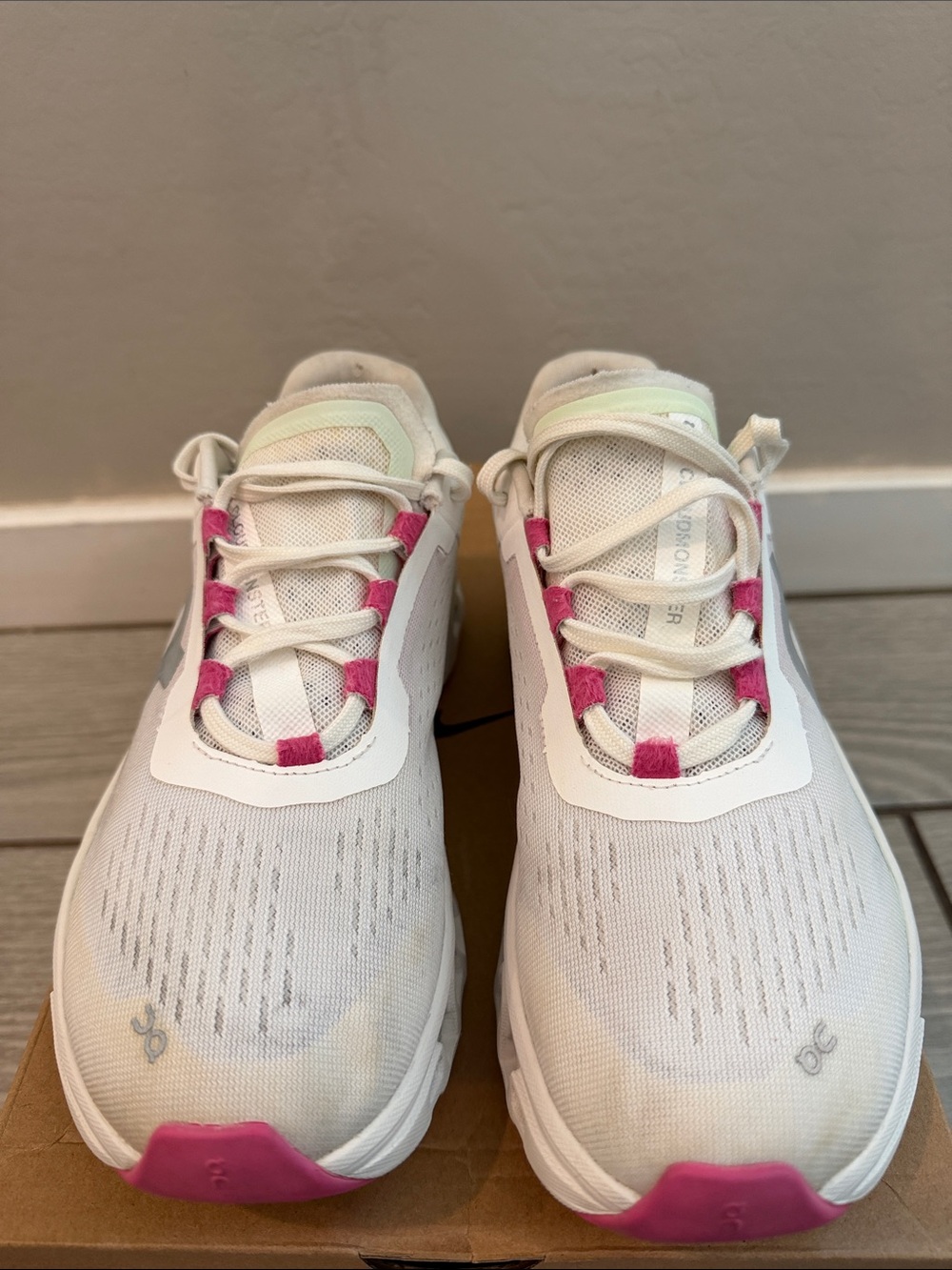 On Running Cloudmonster White Sneakers with Pink Accents size 8